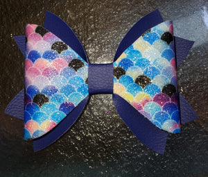 Mermaid Scales Mixed Blues and Assorted Colors with Dark Blue Double Tail Hairbow