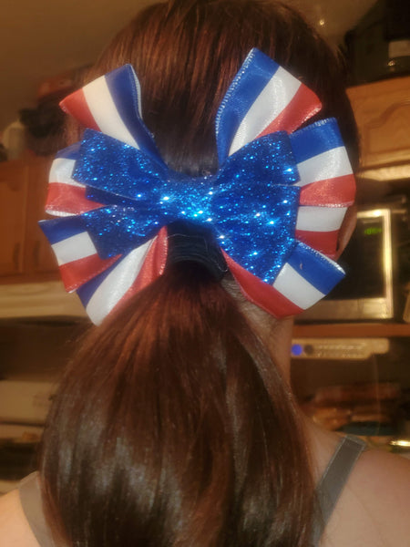Red, White and Blue Bow With Blue Glitter Bow On Top