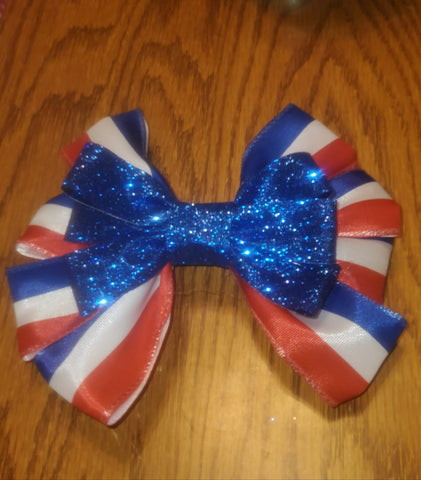 Red, White and Blue Bow With Blue Glitter Bow On Top