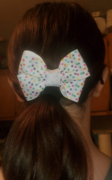 White Ribbon With Printed Pastel Polka Dots Hairbow/Hair Accessory