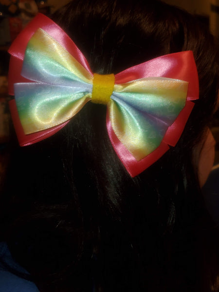 Pink and Rainbow Satin Hairbow On A French Barrette