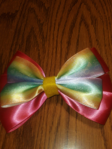 Pink and Rainbow Satin Hairbow On A French Barrette