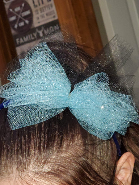 Dark Blue Headband with Light Blue Glitter Tulle Bow /Black Tulle