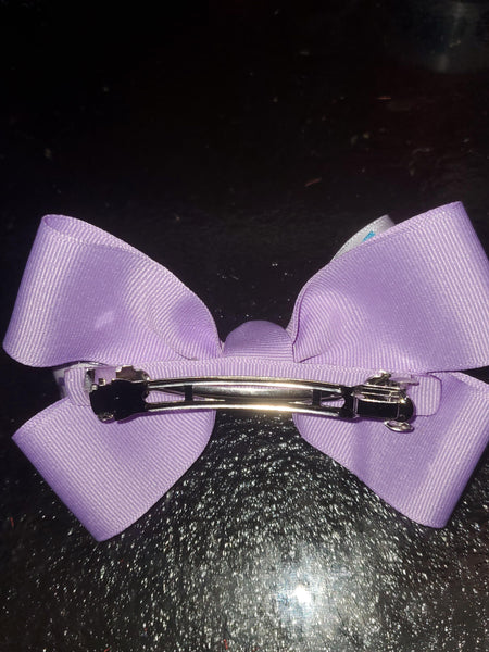 Light Purple Hair Bow With A White Butterfly Print Satin Ribbon Stacked On Top Barrette