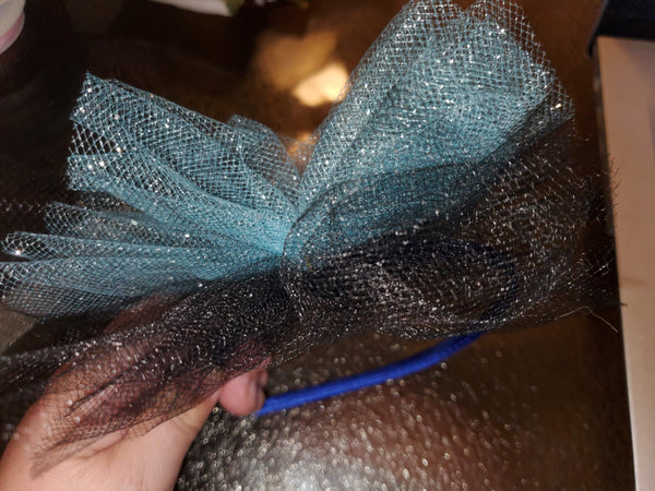 Dark Blue Headband with Light Blue Glitter Tulle Bow /Black Tulle