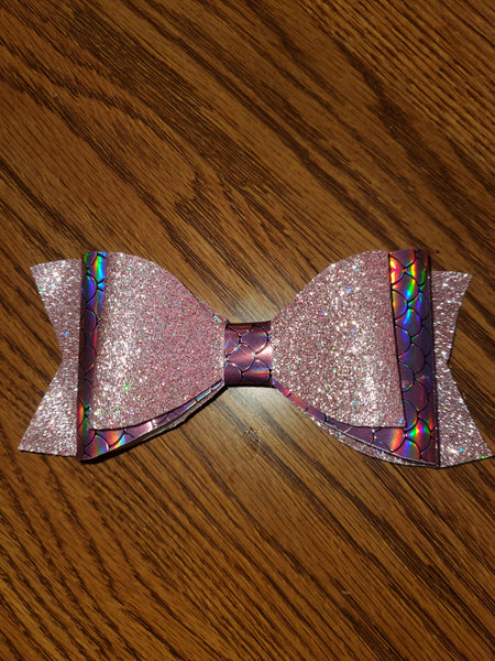 Shiny Glitter Pink/Holographic Pink Mermaid Scale Faux Leather Hairbow