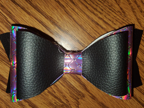 Holographic Pink Mermaid Scales/Solid Black Faux Leather Hairbow