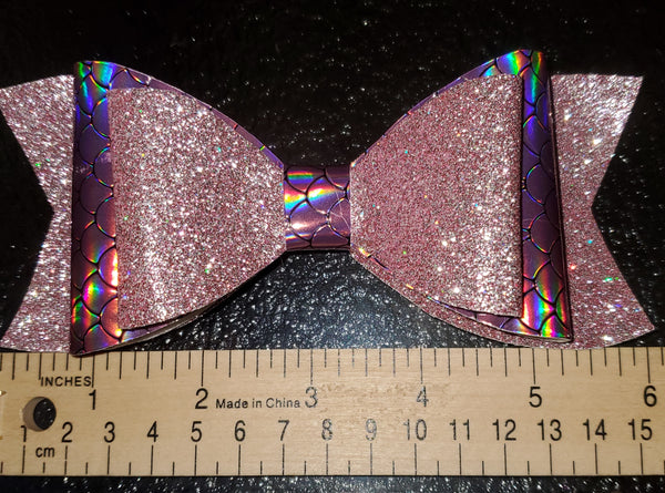 Shiny Glitter Pink/Holographic Pink Mermaid Scale Faux Leather Hairbow