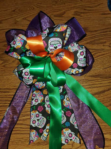Halloween Bow/Decorative Holiday Bow/Wreath Bow/ Purple Glitter Bow/ Skulls Bow/Orange Bow/Green Bow