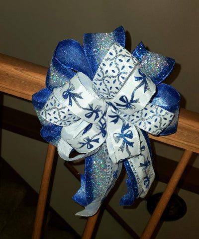 Christmas Bow/Decorative Wreath Bow/Blue and Silver Glitter/White,Blue and Silver Bow