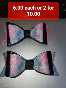 Pastel Glitter Mermaid Scale and Black Glitter Faux Leather Hairbows